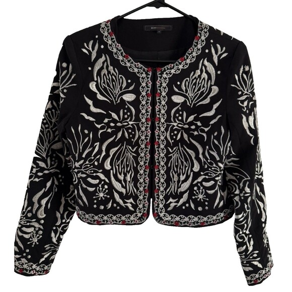 BCBG Maxazria Embroidered Cropped Blazer Jacket Size 4 Black White Red - Picture 2 of 13